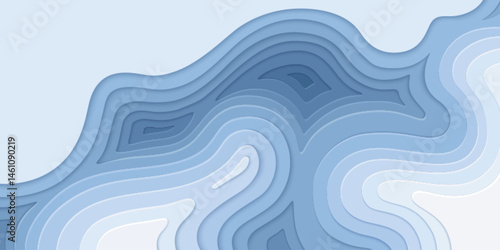 Blue paper cut topography relief. Vector illustration of papercut river water flow layers top view, 3d ocean or sea wave texture, cutout wallpaper, abstract origami landscape, presentation background