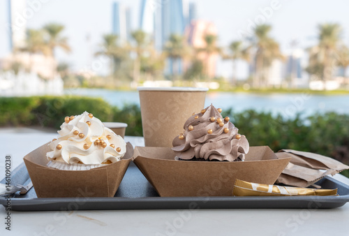 Obraz na płótnie Creamy and chocolate cupcake decorated with golden balls, cup cakes with whipped cream w salonie