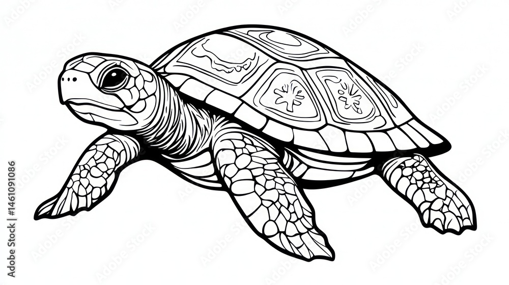 Fototapeta premium Outlined Turtle, Artistic Line Drawing, Isolated Black and White. Possible Stock Photo Use Coloring Book