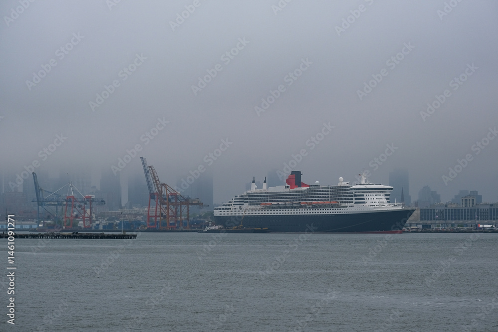 Luxury ocean liner cruiseship cruise ship Queen Mary docked at terminal in Brooklyn on grey rainy cloudy misty day after Transatlantic Crossing in New York City