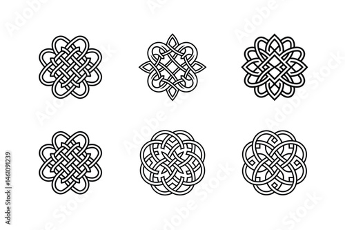 Six elegant black and white celtic knot designs isolated on a clean white background