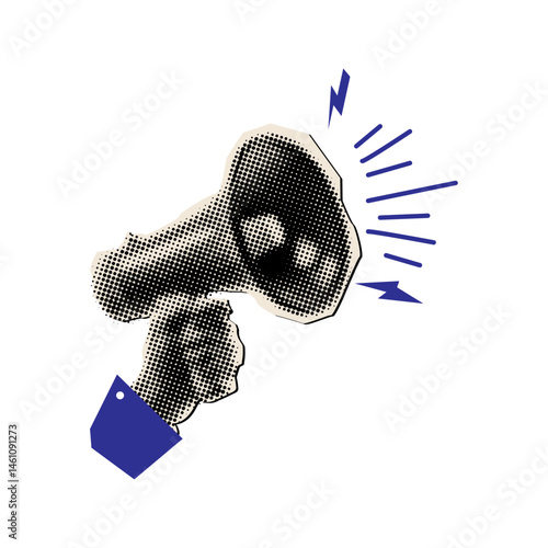 Hand holding loudspeaker with halftone style,collage magazine style,trendy collage design