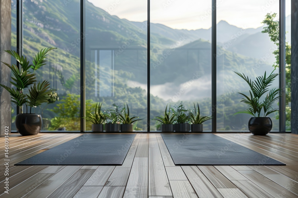 Fototapeta premium Peaceful yoga studio with a stunning mountain view. Ideal for relaxation and meditation