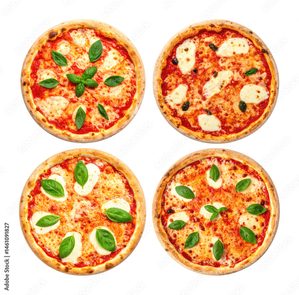 Aerial View of Four Margherita Pizzas on Transparent Background, Isolated on Transparent Background Aerial View of Four Margherita Pizzas on Transparent Background, Isolated on Transparent Background