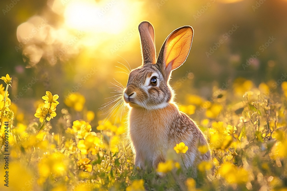 Sunlit bunny amidst a meadow of vibrant yellow blossoms under a warm glow