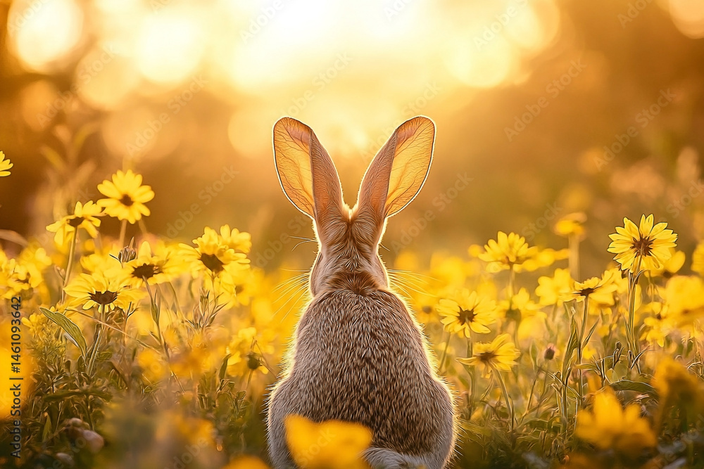 Rabbit's journey amidst radiant floral meadow under sunset's warm glow