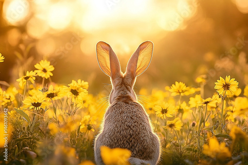 Obraz na płótnie Rabbit's journey amidst radiant floral meadow under sunset's warm glow w salonie
