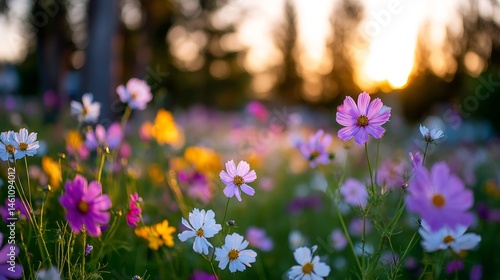 A field of flowers with the sun setting in the background