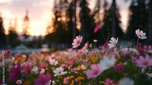 A field of flowers with the sun setting in the background
