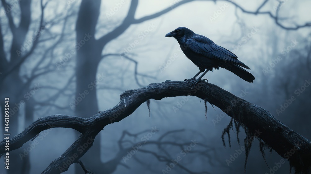 Fototapeta premium A solitary raven perched on a gnarled branch in a misty, atmospheric forest at twilight