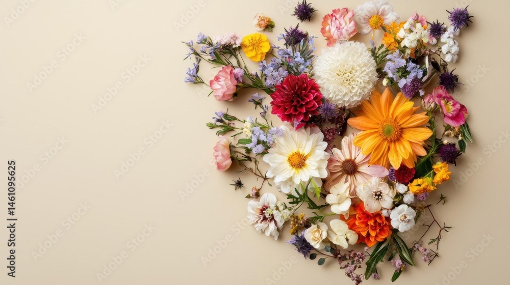 Obraz premium Flat lay of a beautiful bouquet of flowers arranged in the shape of a heart. the flowers are in various colors and sizes, including white, pink, yellow, orange, and purple.