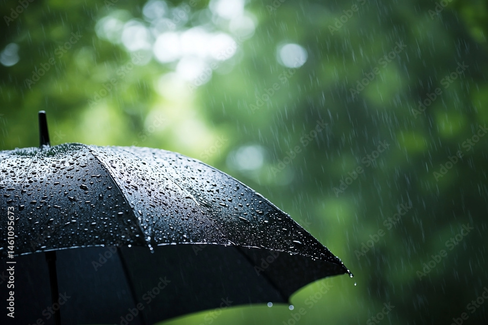 Umbrella under pouring rain against green blurred foliage backdrop scene