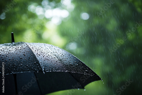 Obraz na płótnie Umbrella under pouring rain against green blurred foliage backdrop scene w salonie