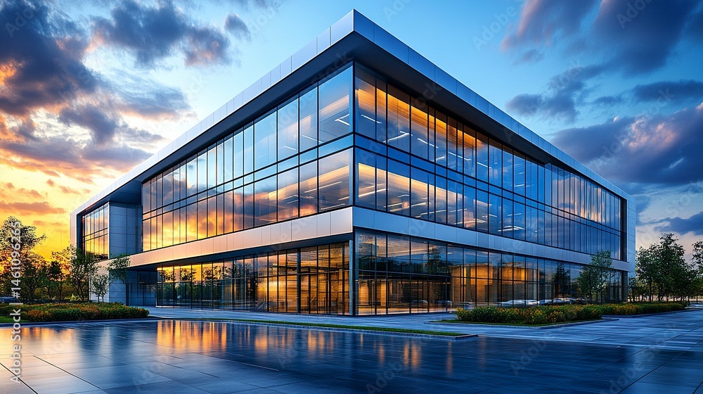 Clean modern business facility with glass and metal design, low-angle perspective highlighting geometry, vivid skies and landscaped foreground completing the scene Clean modern business facility with glass and metal design, low-angle perspective highlighting geometry, vivid skies and landscaped foreground completing the scene