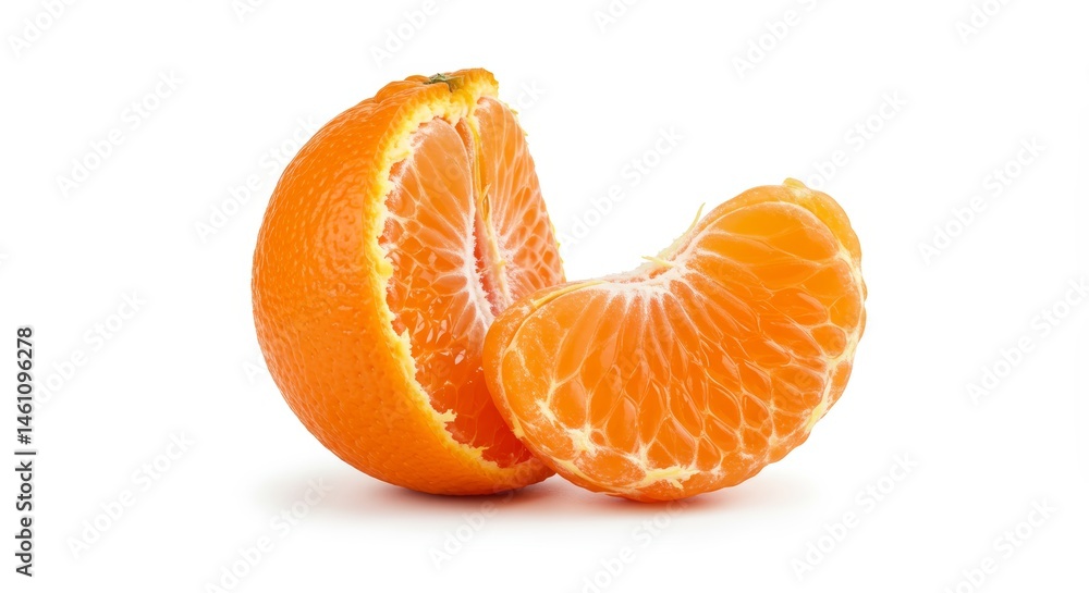 Fresh Clementine Displaying Segments, Revealing Juicy Interior on White Background Fresh Clementine Displaying Segments, Revealing Juicy Interior on White Background