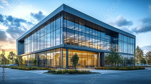 Wallpaper Mural Clean modern business facility with glass and metal design, low-angle perspective highlighting geometry, vivid skies and landscaped foreground completing the scene   Torontodigital.ca