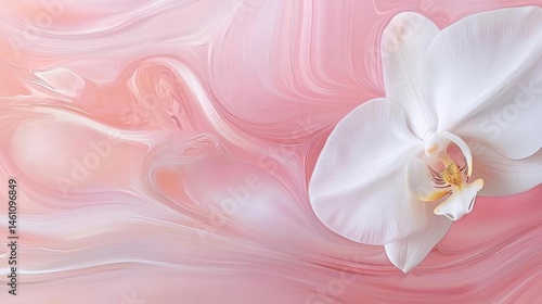 Digital art piece that features a single white orchid flower on a pink background. the orchid is in the center of the image, with its petals spread out in a fan-like shape.
