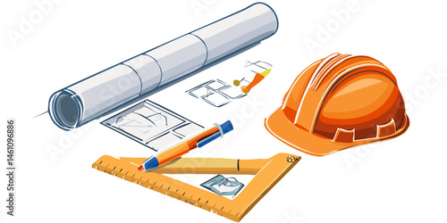 construction helmet and blueprint with tools vector graphic design