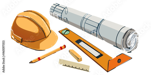 construction helmet and blueprint with tools vector graphic design