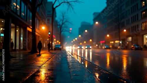 Rainy City Street at Night With Lit Buildings and Wet Pavement