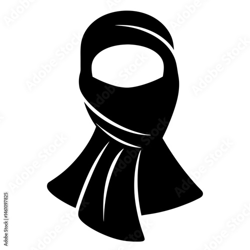 Stylized black and white image of a head covering with a scarf