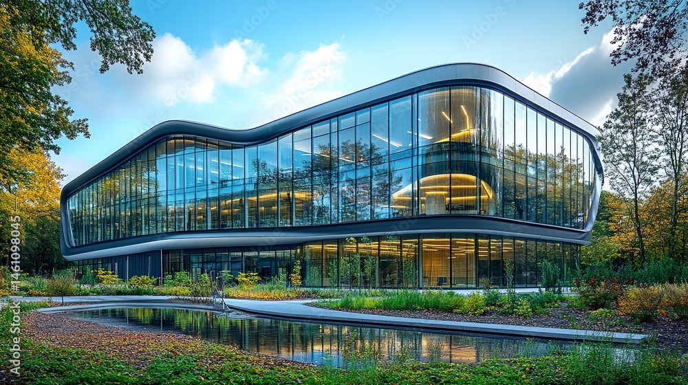 Fototapeta premium Contemporary eco-friendly business center with reflective windows, captured at low angle in bright daylight, clean architecture and renewable energy elements
