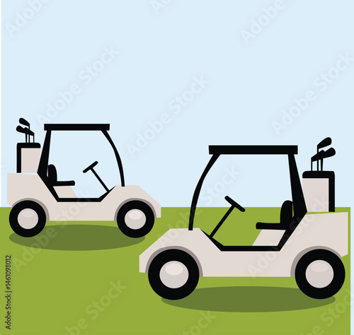 Golt course with cart and flags. Flat vector illustration. 