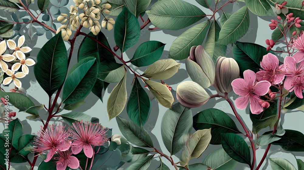 Colorful floral pattern with various leaves and blossoms on a textured background.