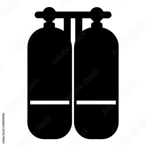 A black and white graphic representation of twin scuba diving tanks