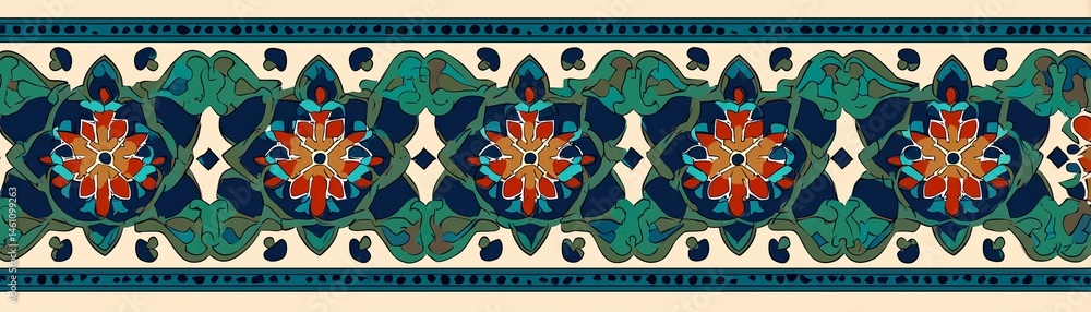 Colorful decorative pattern with intricate floral designs on a neutral background.