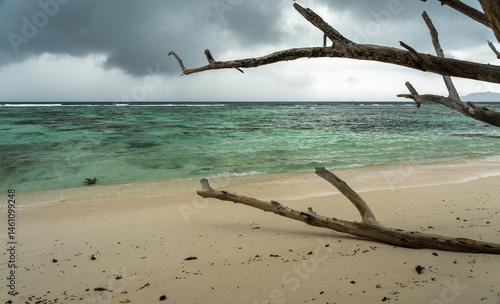 Tropical deserted beach on Praslin island in Seychelles with white sand, turquoise sea