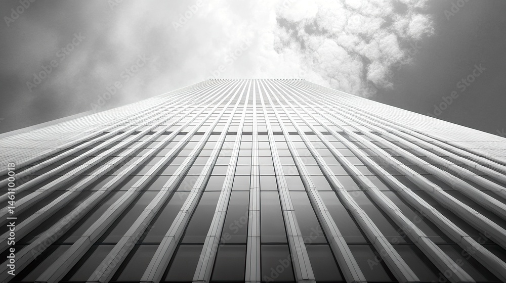 Fototapeta premium Corporate building with alternating windows and white cladding, sleek low-angle shot emphasizing symmetry and height