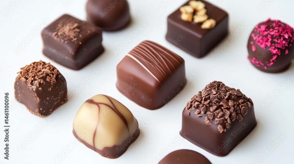 Assorted gourmet chocolates in various shapes and toppings displayed on white surface Assorted gourmet chocolates in various shapes and toppings displayed on white surface