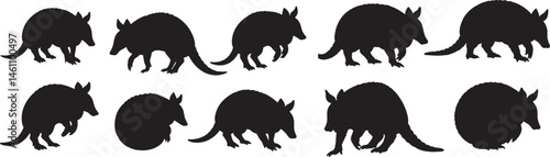 The Armored Nomad: A Minimalist Silhouette Collection of Five Armadillo Poses – Standing, Walking, Curled, and Sitting Upright. Capturing the Essence of Nature’s Shielded Wanderer. Transparent Backgro