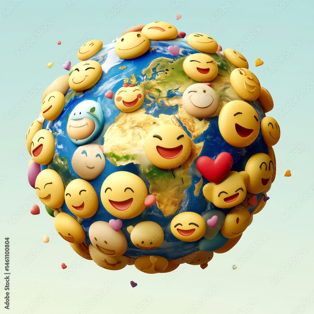 Earth embraced by smiling emoji faces floating in blue sky Earth embraced by smiling emoji faces floating in blue sky