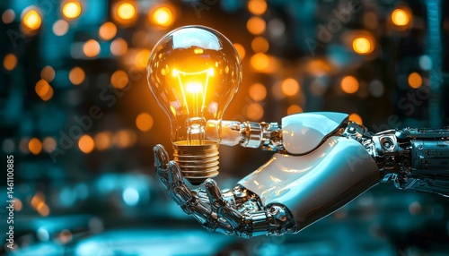 A 3D AI robot hand gripping a glowing lightbulb symbolizes innovation. 