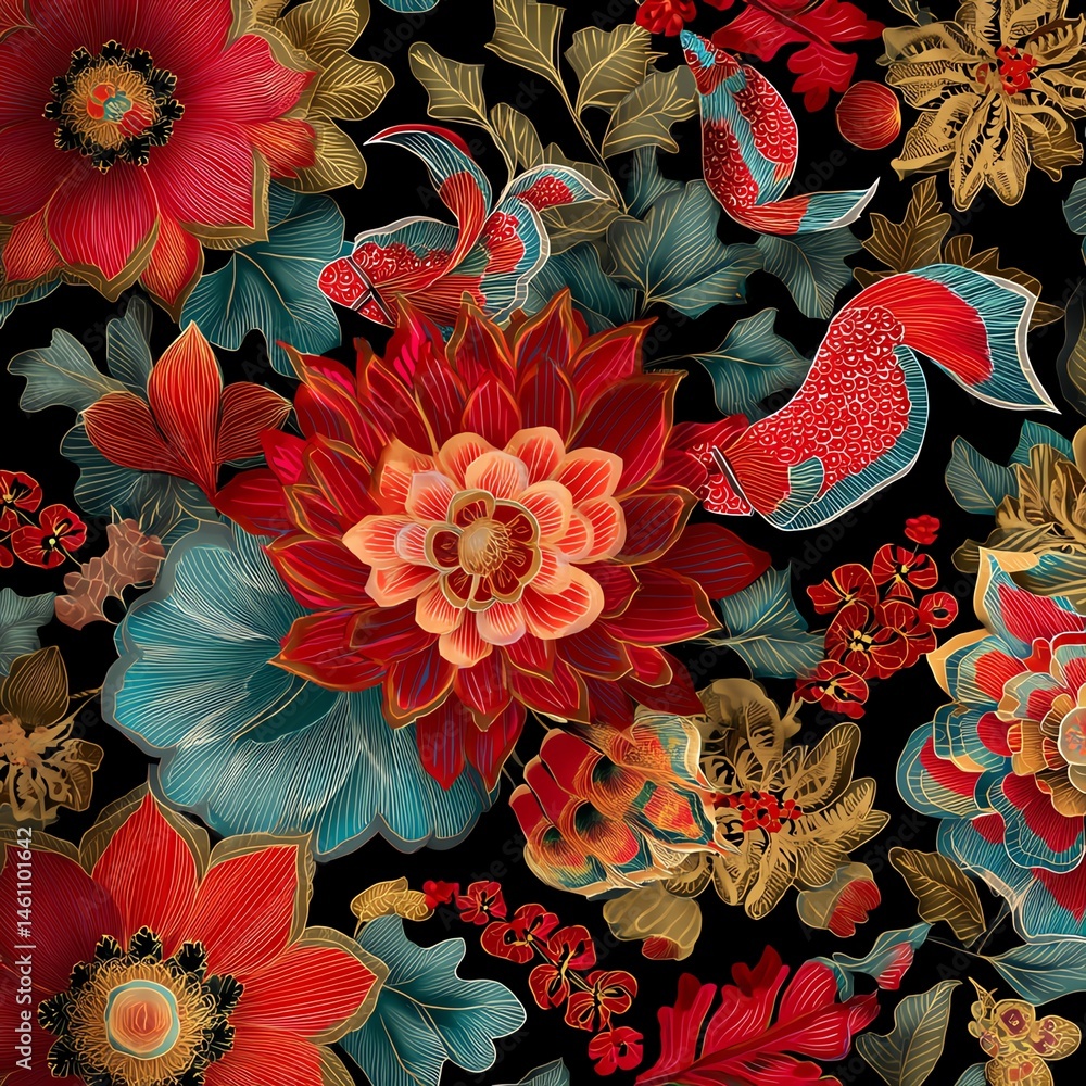 Colorful floral pattern featuring various flowers on a dark background.