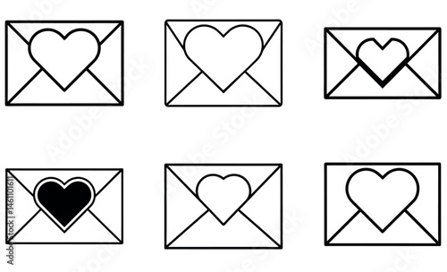 Simple black and white heart-shaped icons inside envelopes.