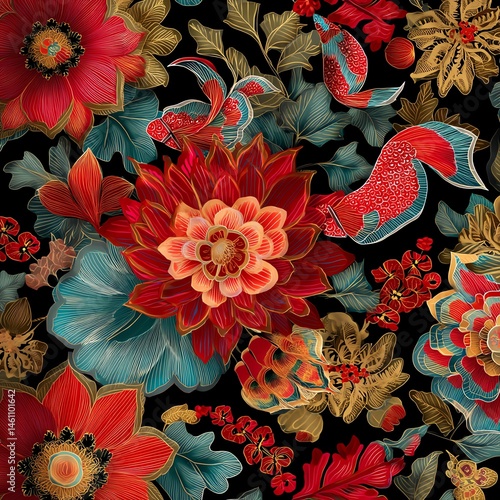 Obraz na płótnie Colorful floral pattern featuring various flowers on a dark background. w salonie