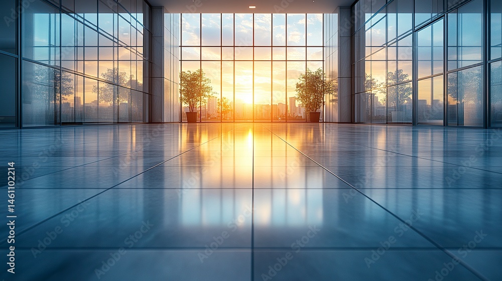 Fototapeta premium Empty modern office lobby with glass walls and glossy tile floor, soft reflections and warm sunlight streaming in, low-angle shot emphasizing symmetry and depth 