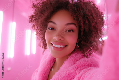 Woman with curly hair smiling and looking at the camera, surrounded by a colorful bouquet of flowers.
