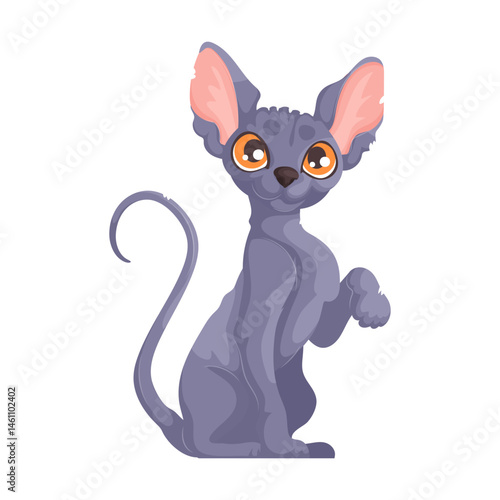 Cute cartoon illustration of a gray hairless Sphynx cat sitting with one paw raised, featuring orange eyes and large pink ears.