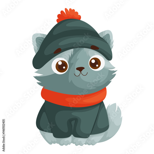 Adorable cartoon gray cat dressed in a cozy winter outfit with a pom-pom hat and scarf, sitting on a white background.