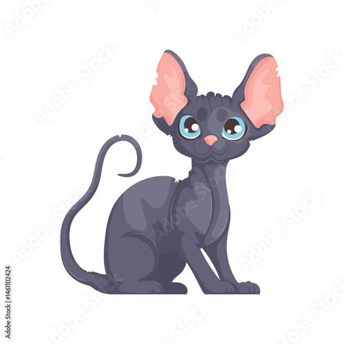 Charming cartoon illustration of a black hairless Sphynx cat sitting with a curious expression, featuring large blue eyes and pink ears.