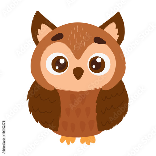 Charming cartoon illustration of a brown owl with big eyes, fluffy feathers, and an adorable expression on a white background.