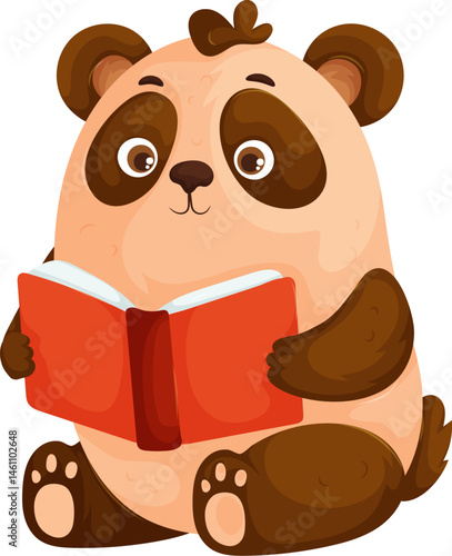 Adorable cartoon-style panda sitting while holding and reading a red book, symbolizing intelligence, curiosity, and learning, isolated on white.