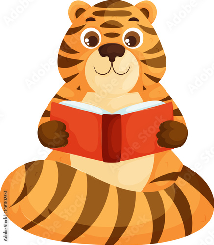Adorable cartoon-style tiger sitting while holding and reading a red book, symbolizing intelligence, curiosity, and learning, isolated on white.