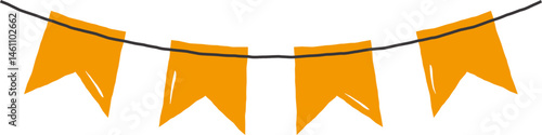 Simple hand-drawn illustration of orange bunting flags hanging on a string, symbolizing celebration, decoration, parties, or festive events.