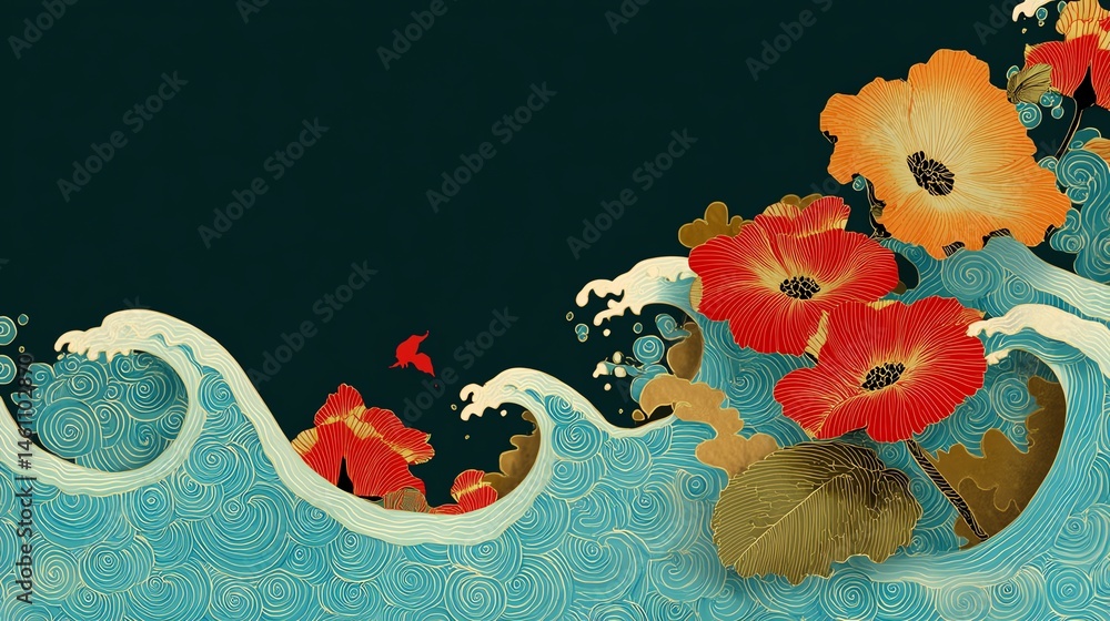 Colorful flowers intertwined with ocean waves on a dark background.