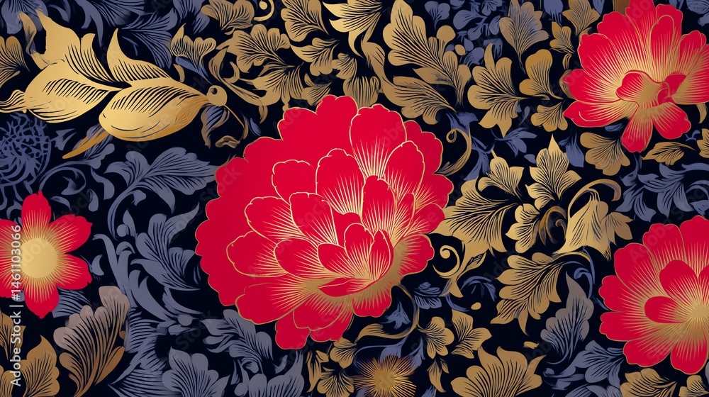 Colorful floral design with red and gold elements on a dark background.